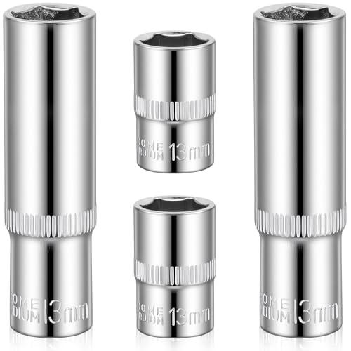 4 Pcs 13mm Socket Set 6 Point 3/8-In Drive Deep and Shallow Socket Set Metric for Standard Ratchet Wrenches Tools Auto Repairing and Household