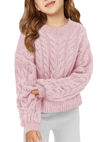 Haloumoning Girls Pullover Sweaters Kids Cute Cable Knit Long Sleeve Crewneck Chunky Jumper Tops 5-14 Years Pink