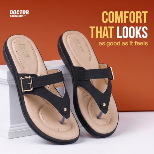 Image of DOCTOR EXTRA SOFT Women's Flat Comfortable Memory Foam Slippers /Flip-Flops Fashion Stylish Casual Diabetic Orthopedic Lightweight Synthetic Slip-on Sandals with Adjustable Strap for Girls /LadiesD-623