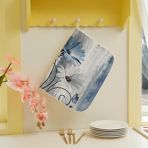Floral Dish Drying Mat 18x24 Inches For Kitchen Counter Blue Daisy Flower Kitchen Decoration Drying Mat Modern Decorative Drying Pad For Home Kitchen Decor,Dining Room,Office Decor by OFIRD - Used condition - Image 5
