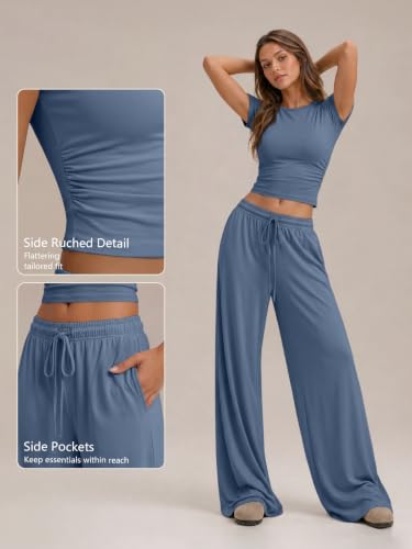 Image of Trendy Queen 2 Piece Matching Summer Lounge Set Womens Side Ruching Top Wide Leg Pants Sets with Pockets