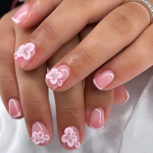 Pink Press on Nails Short Square Fake French Tip Nails wtih Cute ...