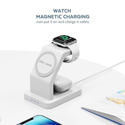 Image of eller sante 3in1 23W Magnetic Mag-Safe Wireless Charger with 30W Adapter iPhone 17 /17 Air /17 Pro /17 Pro Max, 16 /16 Plus /16 Pro /16 Pro Max, 15 /14 /13 /12, Airpods 3rd /2nd gen, Series 9 /8 /7 /6 /5 /4 /SE-White