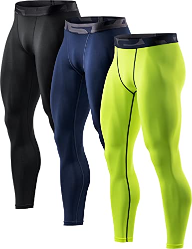 TSLA Mup91 Lot de 3 leggings de sport pour homme Dri Fit - Noir/marine/jaune fluo, M Cover