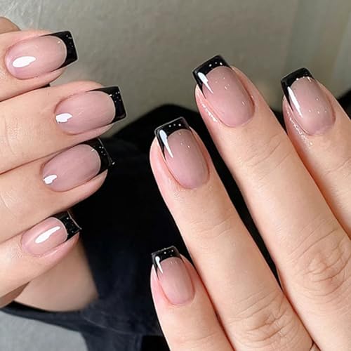 24PCS Short Square False Nails French Tip Press on Nails with Black Line Design, Nude Pink Stick on for Women, Includes Jelly Adhesive Tabs, Removable Elegant Fake for Daily or Special Occasions