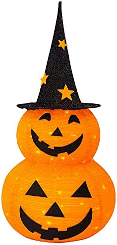 FUNPENY 3FT Halloween Collapsible Pumpkin Decorations, Pre-Lit Light Up 50 LED Pumpkin with Star Hat 8 Lighted Mode, Pop Up Jack-o-Lantern with Metal Stand for Indoor Outdoor Yard Holiday Decor