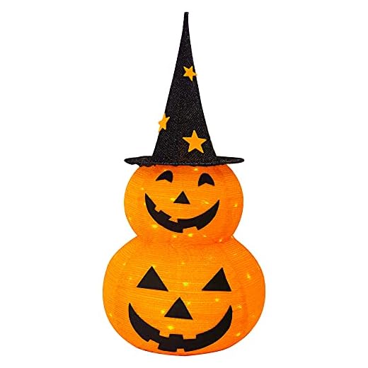 FUNPENY 3FT Halloween Collapsible Pumpkin Decorations, Pre-Lit Light Up 50 LED Pumpkin with Star Hat 8 Lighted Mode, Pop Up Jack-o-Lantern with Metal Stand for Indoor Outdoor Yard Holiday Decor