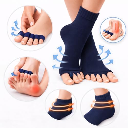 Image of Foot Alignment Orthopedic Cotton Socks for Men & Women | Five Toe Separator | Foot Pain Relief | Bunion Corrector | Plantar Fasciitis Support |Free Size | Black-NavyBlue | 2 Pair | UK8-11