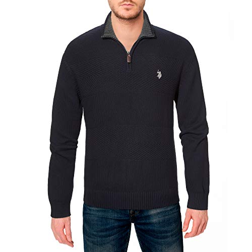 U.S. Polo Assn. Men's Solid Texture Chest Stripe 1/4 Sweater (Large, Navy)
