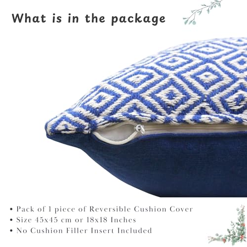 Image of Reversible 18x18 Blue Cotton Argyle Woven Pack of 1 Fashion Throw Pillow Covers Cases for Couch Sofa Home Decoration | 45x 45 cm