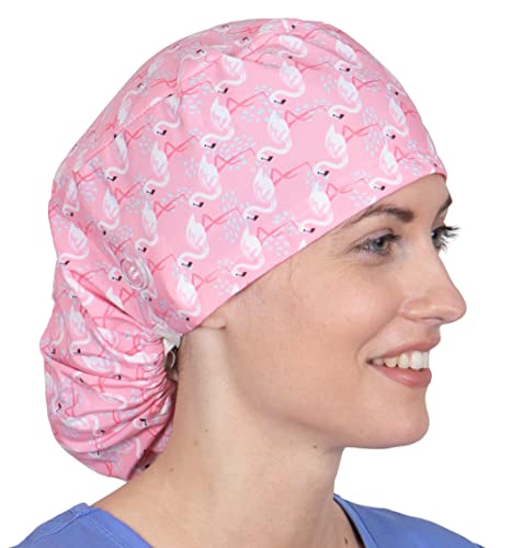 Scrub Cap w/Ponytail - Surgical Scrub Caps for Women w/Long Hair - Nursing Caps - Buffont Scrub Hat - Ponytail Scrub Cap Pink Flamingo