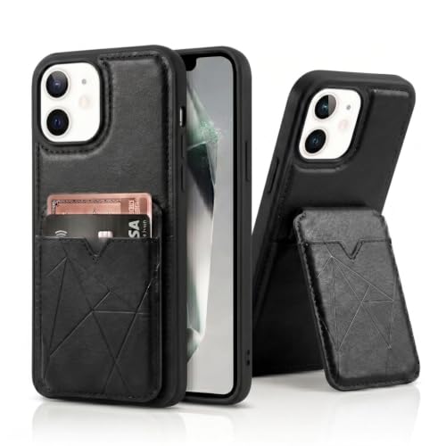 Image of amazon basics Premium Vegan Leather Back Cover with Card Holder and Integrated Mobile Stand for iPhone 11 - Slim Shockproof Wallet Case with Geometric Stitching [Black]