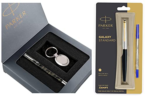 Image of Parker Roller Ball Pen Gift Set - with Round Key Chain Galaxy Standard Gold Trim Roller Ball Pen - Black