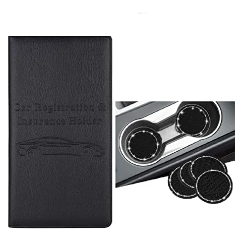 Cacturism 1 Pack Car Registration and Insurance Holder and 4 Pack Bling Car Coasters, Black Car Accessories Choice for Women Cover
