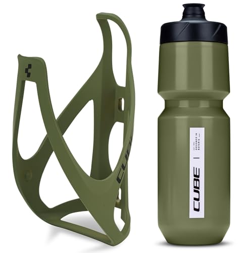 Cube HPP Cage - Matt Olive & Flow Bottle - Olive, 750ml / Water Drink Flask Vessel Bidon Holder Mount Bracket Kit Lightweight Plastic Drinking Hydration Biking Bike Riding Frame Accessories