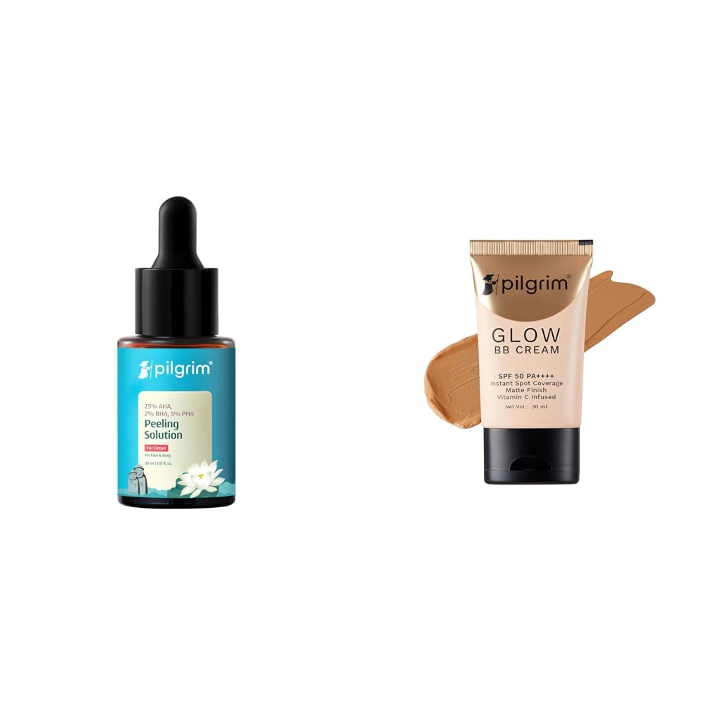 Pilgrim 25% AHA + 2% BHA + 5% PHA Peeling Solution For Tan Removal - 30ml & Almond Glow 3-In-1 Medium BB Cream SPF 50 PA++++ With Niacinamide, Hyaluronic Acid & Vit C For All Skin-image-42