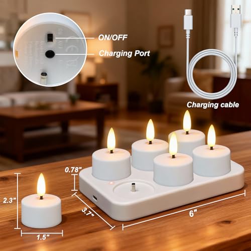 Image of GenSwin Rechargeable Tea Lights Candles with Remote & Charging Base, 6 Pcs LED Tea Lights Candles Battery Operated, Flameless Timer Tealights for Wedding Christmas Halloween Decor (White, 1.57 inchx1.85 inch)