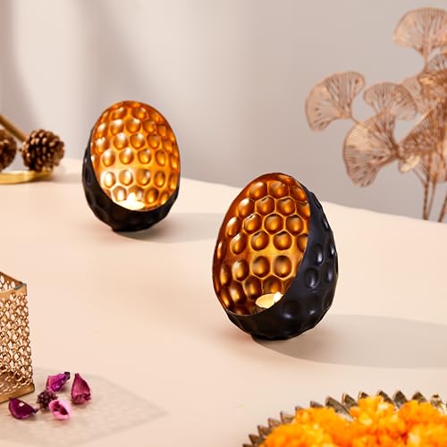 Image of Amazon Brand - Solimo Tea Light Votive - Oval Diamond Design, Black Iron with Gold Interior, Set of 2 (Size: L-12 cm x W-11 cm x H-15 cm)