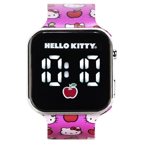 hello kitty led digital watch for kids  light up display pink silicone strap with apple print adjustable for wrist size 5534 to 834 easy touch activation official sanrio girls watch