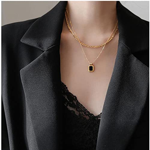 Lettarius Layering Necklace Gold Curb Chain Choker Dainty Black Square Pendant Layered Collar Necklace Stainless Steel Jewelry For Women Girls #TOP6