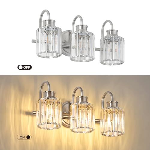 Image of Brushed Nickel Bathroom Light Fixtures with K9 Crystal Lampshade Bathroom Lighting Over Mirror Vanity Lights for Living Room,Bedroom,Restroom,Hallway 3 Lights