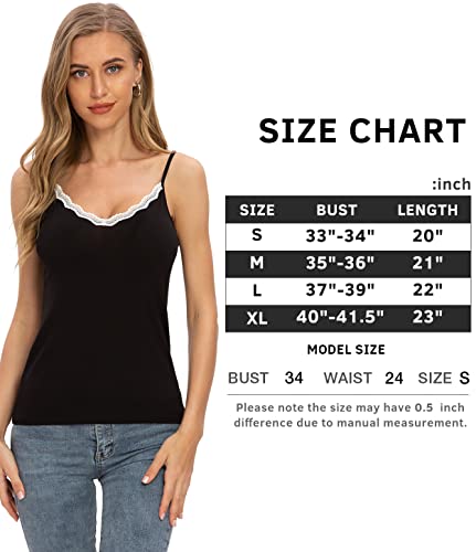 Rosyline V Neck Camisoles For Women Adjustable Lace Cami Undershirt Spaghetti Strap Lace Tank Top 4-Pack Black/Grey/White/Pink M #TOP4