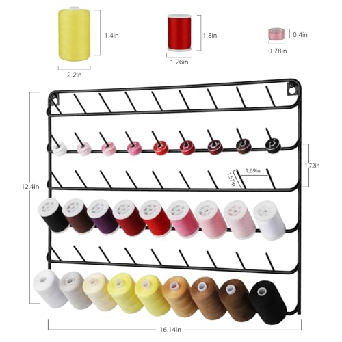 YBING Thread Holder Wall 54 Spools Thread Rack Embroidery Spool Thread Organizer Wall Mounted with Hanging Tools for Quilting Black Metal - Image 3
