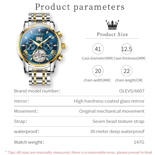 Image of OLEVS Watches for Men Automatic Skeleton 5 Hands Mechanical Luxury Watch Classic Calendar Stainless Steel Waterproof Mens Wrist Watch