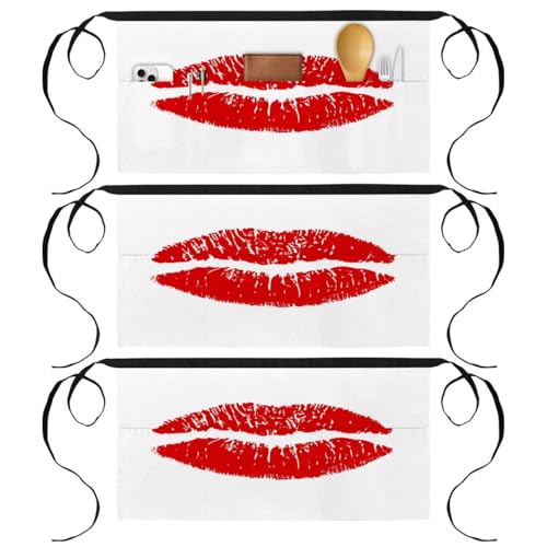 Tablier court de chef rouge à 3 poches pour cuisine et bistrot x3