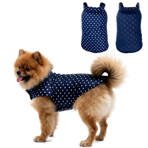 Image of JoyDaog Winter Dog Jacket Reversible Cloth 14 Inch - Blue Polka Dot Pattern, Ultra Soft Fleece Inside, Easy Velcro Fit for Small Breeds