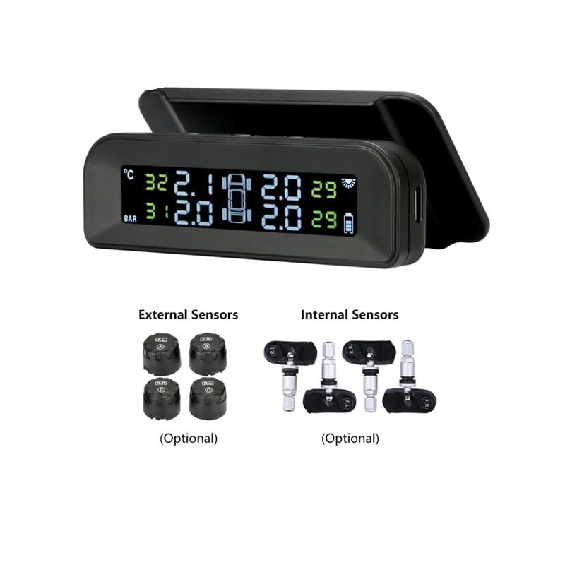 Tpms Sistema di monitoraggio della Pressione dei Pneumatici for Auto Wireless, Carica Solare, misuratore, Display in Tempo Reale attaccato al Vetro(Built-in sensors)