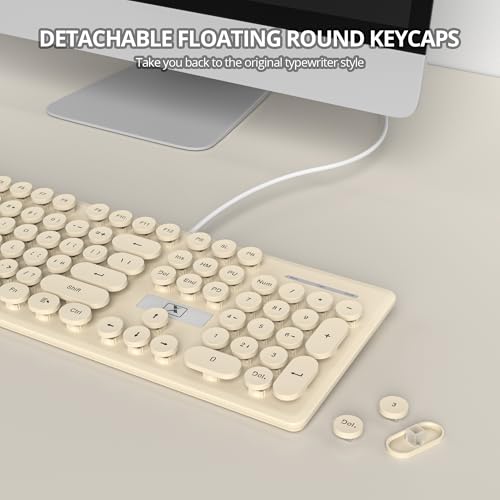 iRoboosta Quiet Keyboard Wired Membrane Keyboard Aesthetic, Full Size 104 Keys Typewriter Key Board with Number Pad, Blue LED Backlit, Round Keycaps, Cute Computer Keyboards (Khaki) by iRoboosta - Image 3