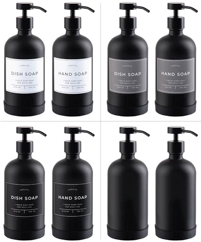 Image of Hand and Dish Soap Dispenser for Kitchen and Bathroom, Set of 2 16 Oz Glass Bottles, Stainless Steel Pumps, Non-Slip Silicone Base, 27 Waterproof Labels (Matte Black Bottle /Black Pump)