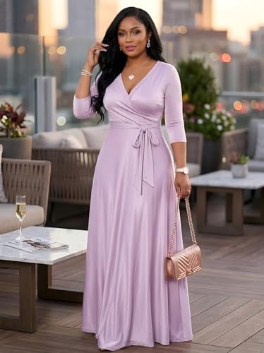 Image of PinkPatty Women's Plus Size Maxi Dresses Casual Flowy 3 /4 Sleeves Dress Printed Vacation Dress for Daily Wear with Belt