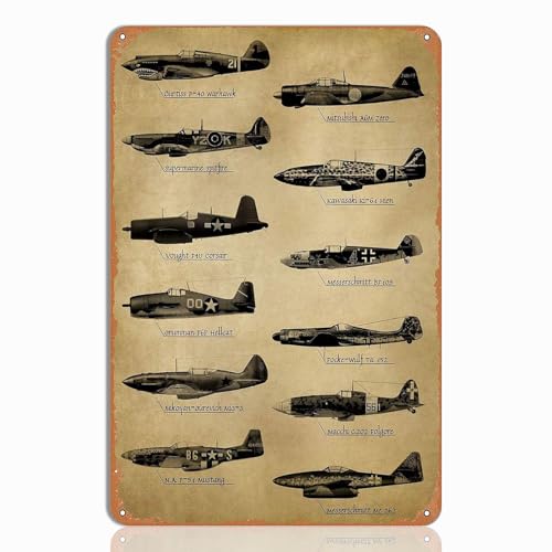WWII Memorabilia Tin Sign - Vintage World War 2 Airplane Art - WW2 Gear Decor for Man Cave & Gifts 8"x12"