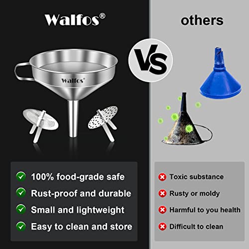 image for Stainless Steel Funnel, Walfos Kitchen Funnel with 2 Removable Straine