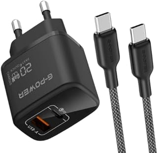 شاحن سريع مزدوج USB 20 واط + كيبل USB-C الى USB-C من جي باور، شحن سريع 3.0، لسلسلة ايفون 17/16/15، سامسونج، شاومي، بيكسل، ايباد، ابيض/اسود