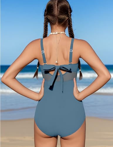 Image of Girls Swimsuit Criss Cross One Piece Swimsuits Wrap Tie Back Sheer Mesh Bathing Suit with Gold Metal Swimwear 9-16Y
