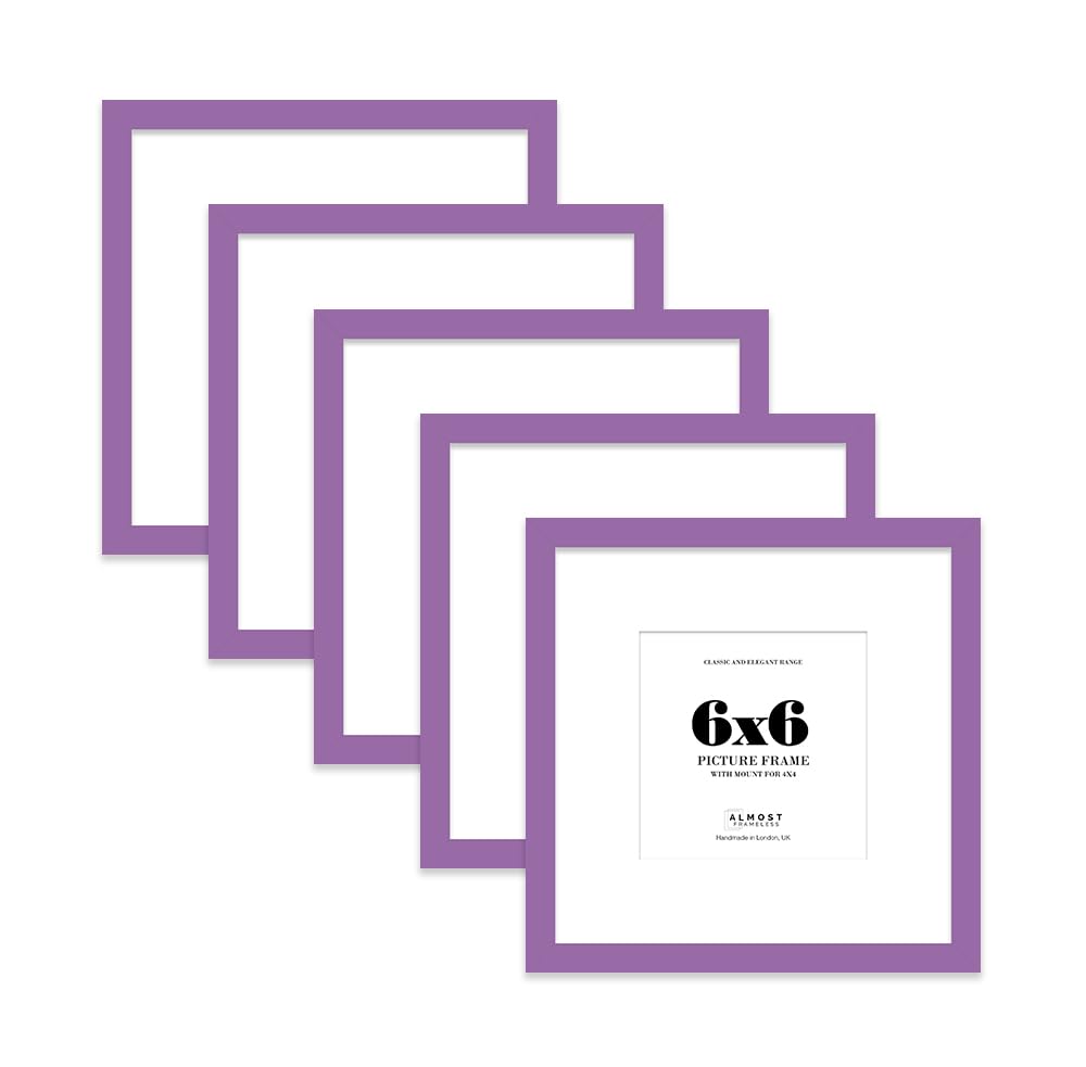 6x6 Purple Picture Frame with Mount for 4x4 Photos, Prints - Modern Square Wall Frame, Set of 5