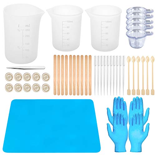 109pcs Kit de démarrage en résine avec Tasses à mesurer en Silicone, Tasses à mélanger, bâtons, Tapis en Silicone, Gants, Tasse à mesurer en Silicone de 250 ML Cover