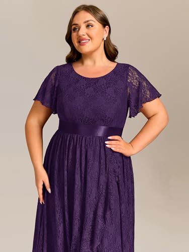Image of Ever-Pretty Plus Women's Lace Round Neck Short Sleeves High Low Plus Size Midi Cocktail Wedding Guest Dresses Deep Purple US14
