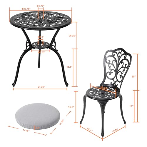 Image of NUU GARDEN Bistro Set 3 Piece Outdoor All Weather Cast Aluminum Patio Bistro Set Patio Table and Chairs Set of 2 with Umbrella Hole and Gray Cushions for Backyard, Balcony, Lawn, Black