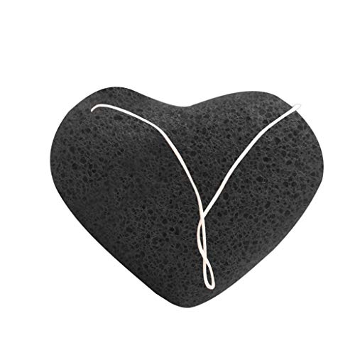 Konjac Sponge for Face, Facial Sponge with Activated Bamboo Charcoal, All Natural and Reusable, Gentle Heart-Shaped Exfoliating and Moisturizing Cleaning for All Skin Types, Biodegradable (Black)