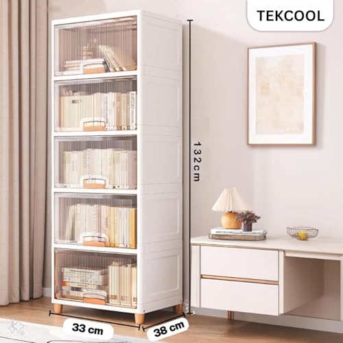 Image of TEKCOOL 5 Tier Foldable Plastic Rack for Storage /Kitchen Cupboard /Versatile and Sturdy Wardrobe for Clothes /Multipurpose Storage Organizer /Closet for Bedroom /Living Room /Laundry Room (Transparent);-