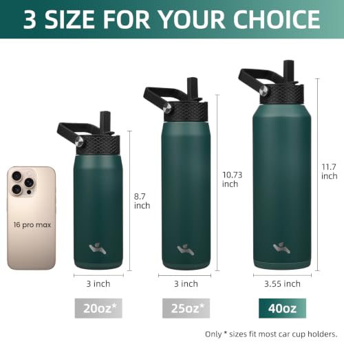 Image of Konokyo 40oz Insulated Stainless Steel Water Bottle with 3 Lids, Leakproof BPA-Free Bottle with Straw Lid, Sip Lid and Flex Cap for Gym, Travel, School, Office, Green