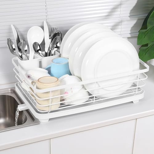 Vinsani Dish Drying Rack Space-Saving Dish Rack Sleek Modern Stainless Steel Kitchen Drying Rack with Auto Drainage System and Cutlery Holder for Kitchen Countertop Home (White)