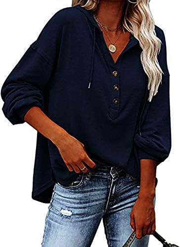 Valiamcep Women's Sweatshirts and Hoodies Drawstring Deep V Neck Button Down Pullover Tunic Top