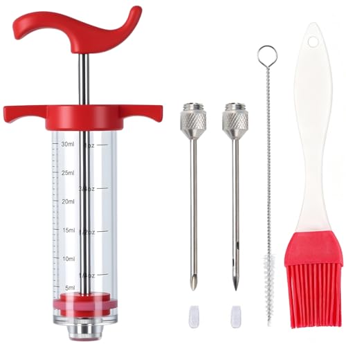 Mikim Meat Injector Syringe with 2 Stainless Steel Needles, Red 1oz