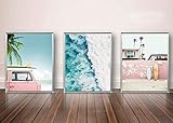 VOUORON Summer California Beach Palm Photo Coastal Wall Art Prints with Pink Surfboard Set of 3 (8”X10” Canvas Picture) Used for Bedroom Wall Art Printing Posters, Office Home Decor, No Frame