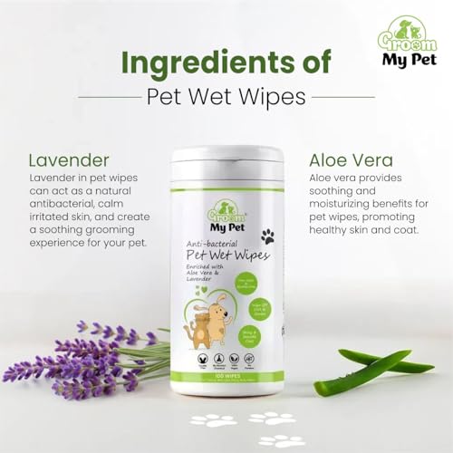 Image of Wet Wipes for Dog & Cat-100 Wipes | Enriched with Lavender & Aloevera Extract | Anti-Bacterial & Hypoallergenic | Dry Bath for Coat, Skin, Ears, Face, Butt & Paws | 100% Biodegradable